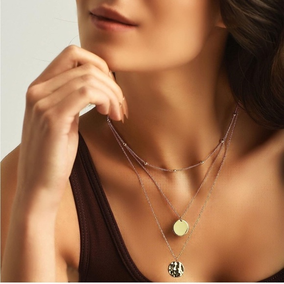 GOLD 18k Gold Plated 3pc Beaded Textured Disc Pendant Necklace - Picture 1 of 4